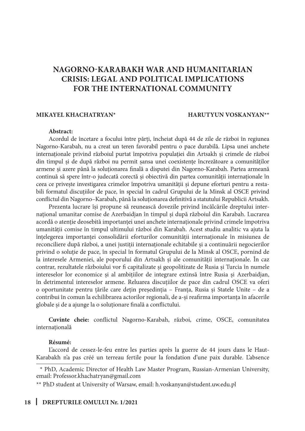 Nagorno-Karabakh War and Humanitarian Crisis: Legal and Political Implications for the International Community