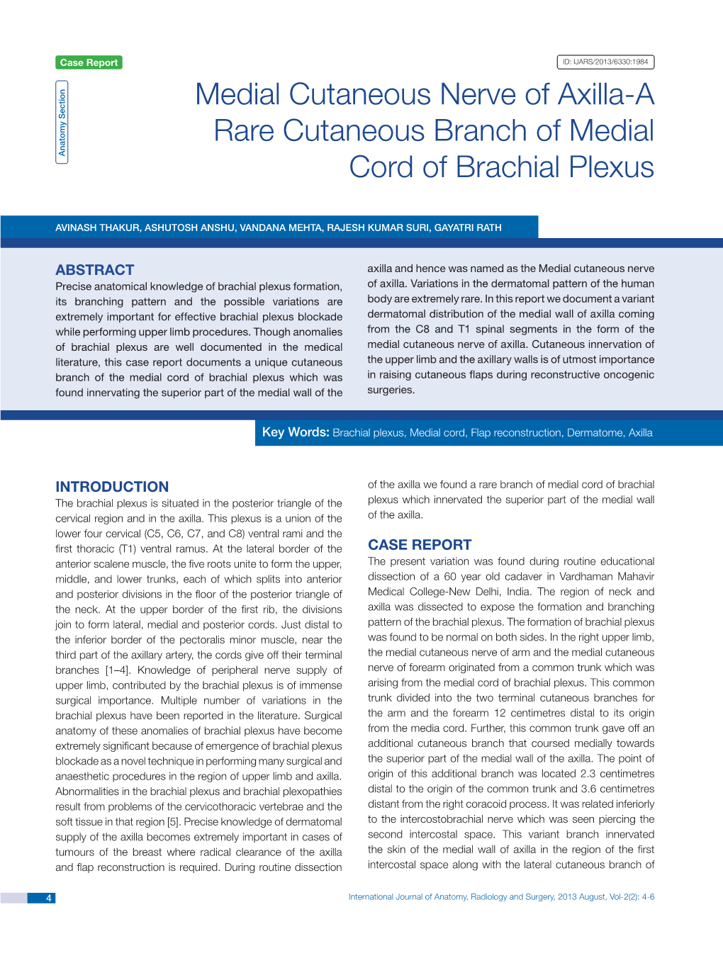 Medial Cutaneous Nerve of Axilla-A Rare Cutaneous Branch of Medial Anatomy Section Cord of Brachial Plexus