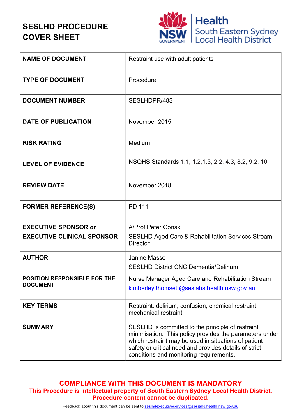 Seslhd Procedure Cover Sheet