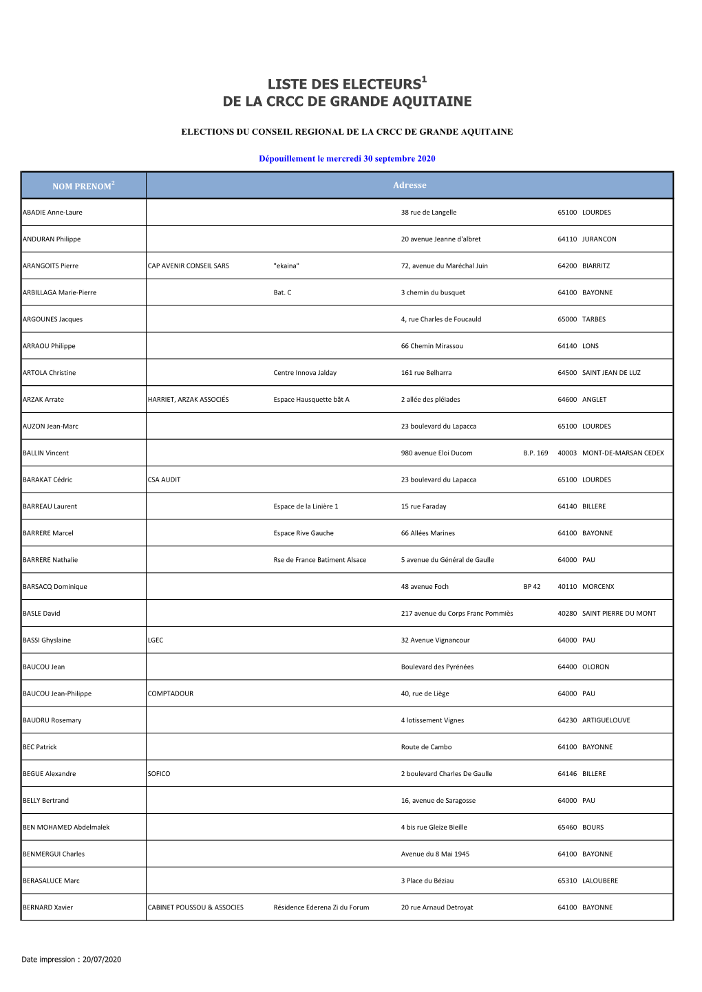 Liste Des Électeurs Du Ressort De La CRCC