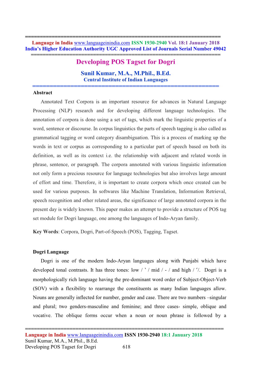 Developing POS Tagset for Dogri Sunil Kumar, M.A., M.Phil., B.Ed