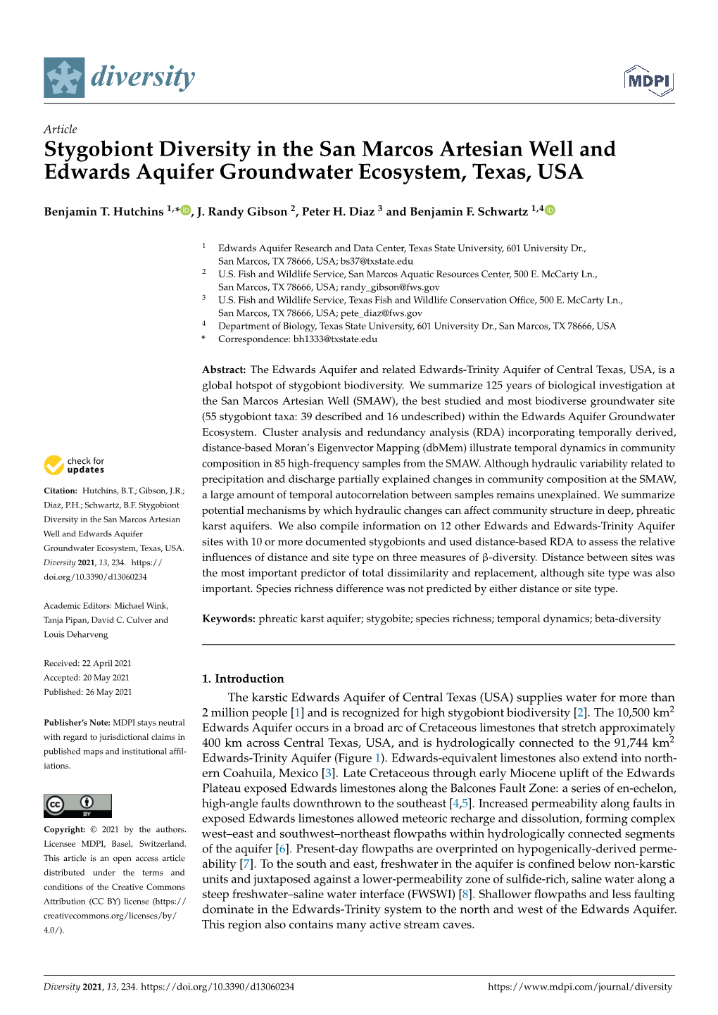 Stygobiont Diversity in the San Marcos Artesian Well and Edwards Aquifer Groundwater Ecosystem, Texas, USA