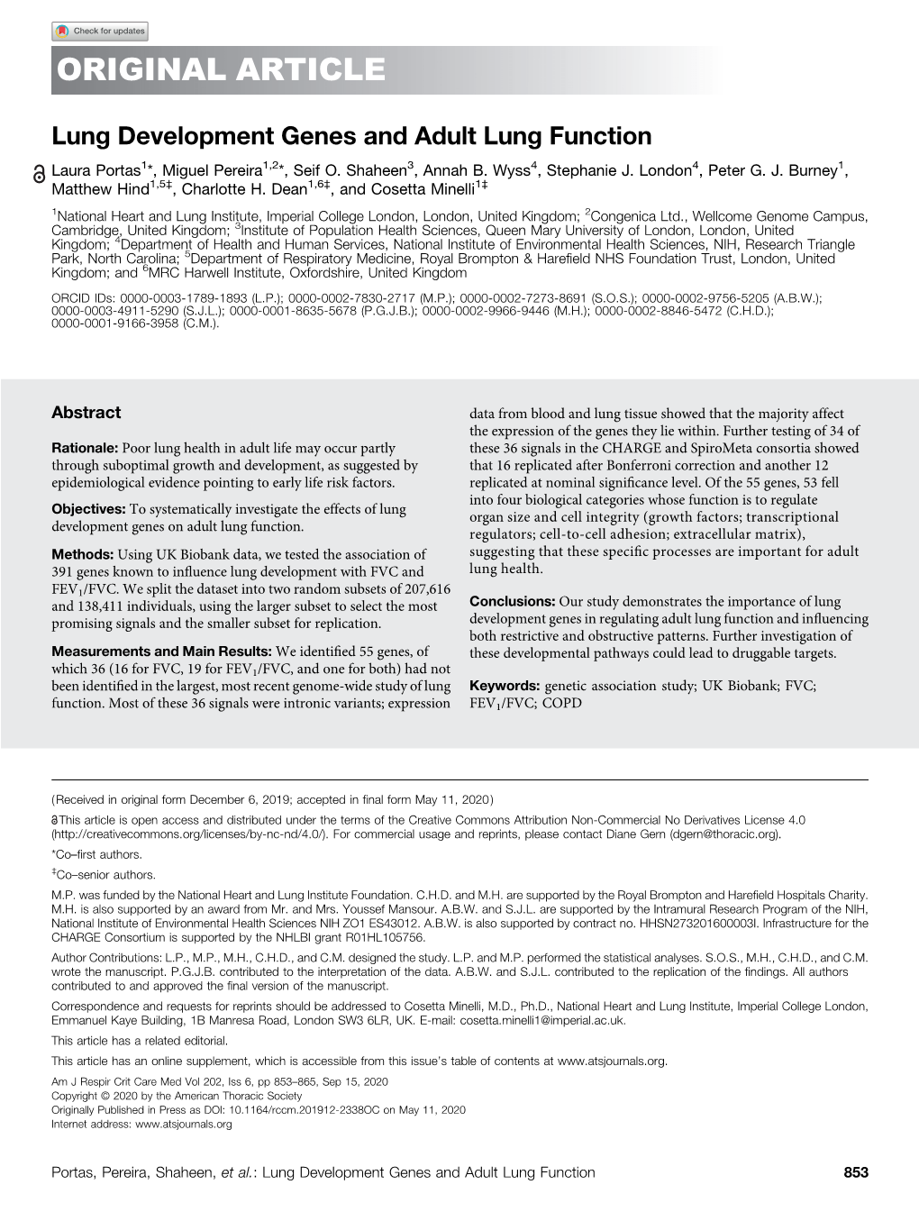 Lung Development Genes and Adult Lung Function Laura Portas1*, Miguel Pereira1,2*, Seif O