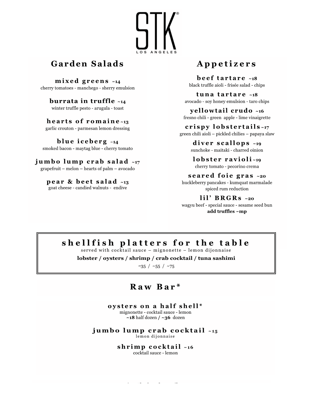 STK LA Dinner Menu