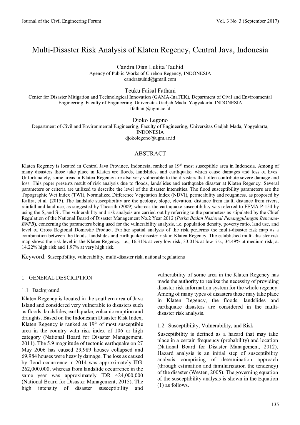 Multi-Disaster Risk Analysis of Klaten Regency, Central Java, Indonesia