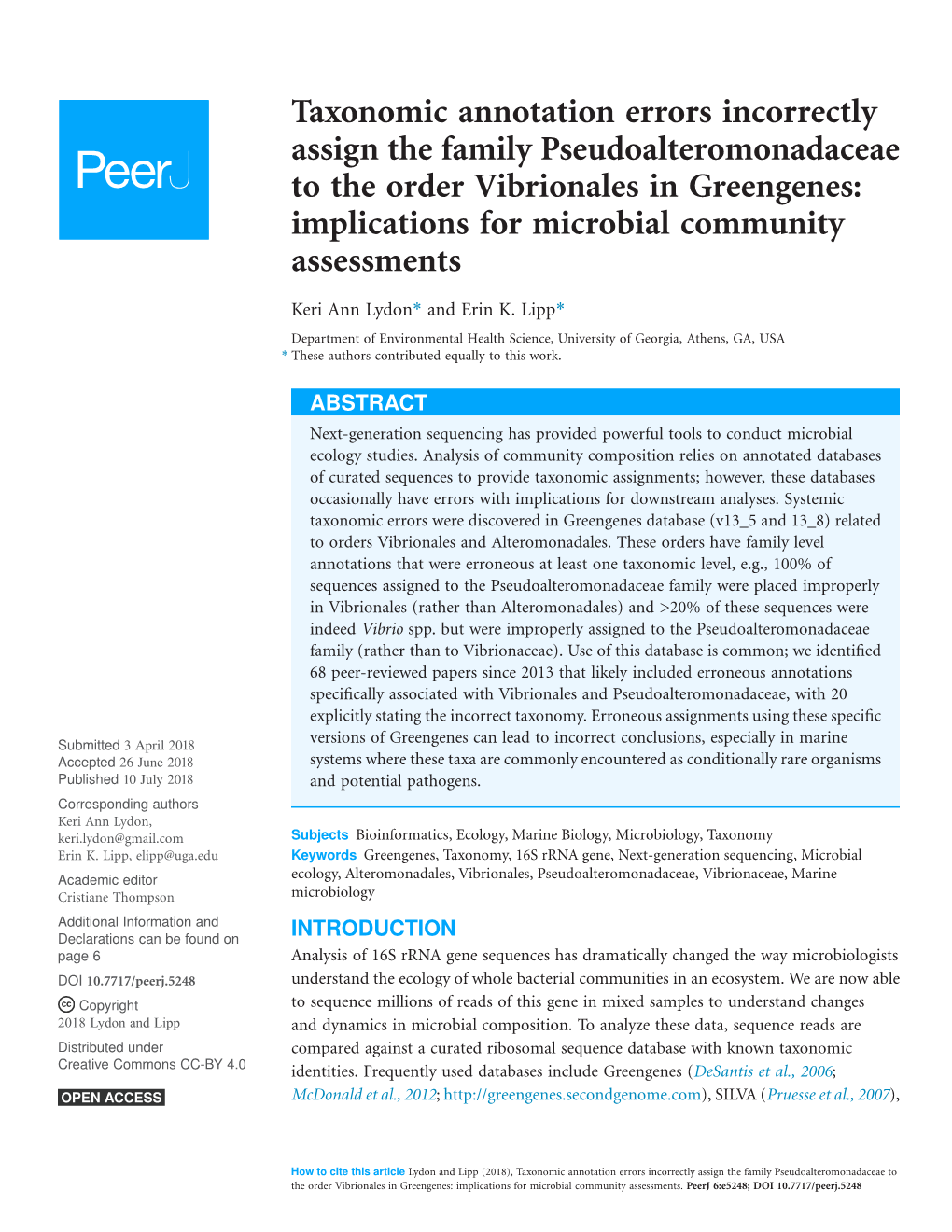 Taxonomic Annotation Errors Incorrectly Assign the Family Pseudoalteromonadaceae to the Order Vibrionales in Greengenes