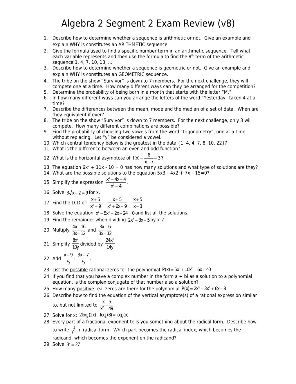 Algebra 2 Segment 2 Exam Review (V8)