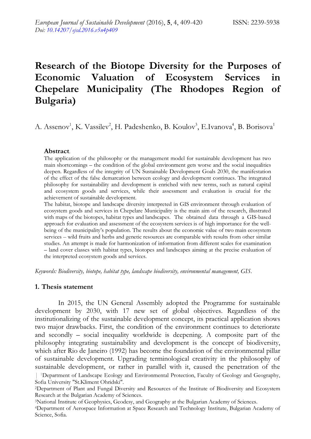 Research of the Biotope Diversity for the Purposes of Economic Valuation of Ecosystem Services in Chepelare Municipality (The Rhodopes Region of Bulgaria)