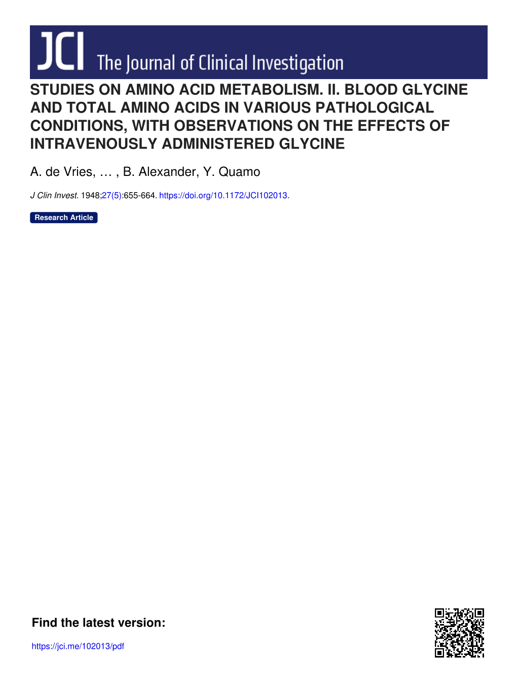 Studies on Amino Acid Metabolism. Ii. Blood Glycine