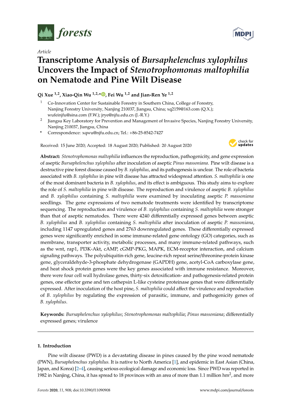 Transcriptome Analysis of Bursaphelenchus Xylophilus Uncovers the Impact of Stenotrophomonas Maltophilia on Nematode and Pine Wilt Disease