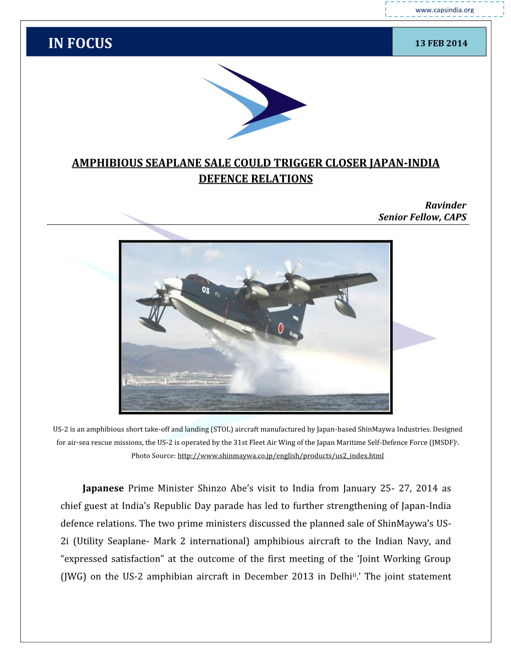 Amphibious Seaplane Sale Could Trigger Closer Japan-India Defence Relations