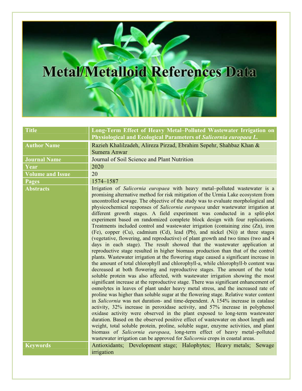 Title Long-Term Effect of Heavy Metal–Polluted Wastewater Irrigation on Physiological and Ecological Parameters of Salicornia Europaea L