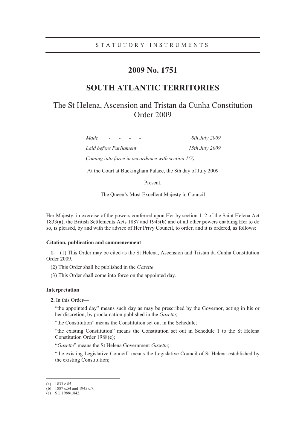 St Helena, Ascension and Tristan Da Cunha Constitution Order 2009