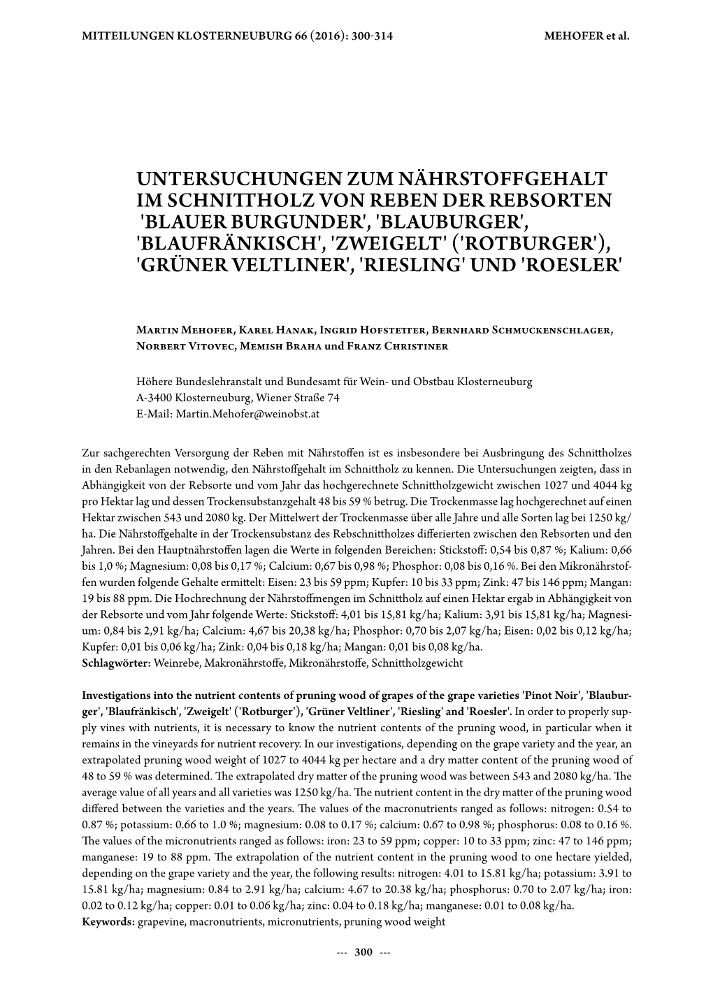 Untersuchungen Zum Nährstoffgehalt Im Schnittholz Von Reben Der