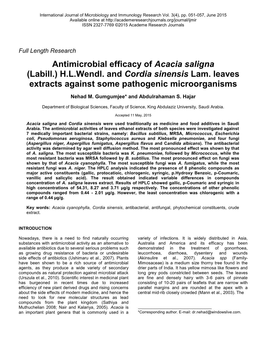 Antimicrobial Efficacy of Acacia Saligna (Labill.) H.L.Wendl