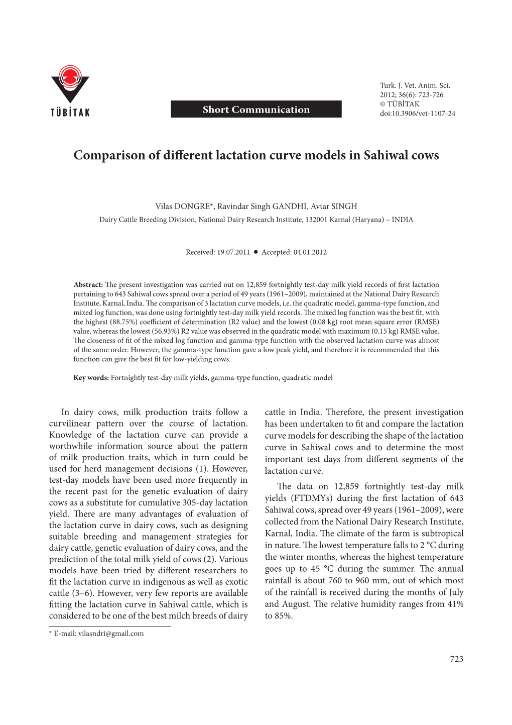 Comparison of Different Lactation Curve Models in Sahiwal Cows