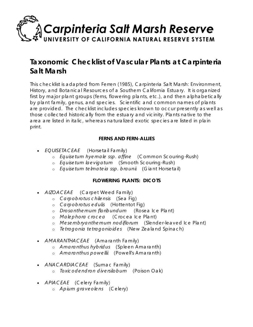 Taxonomic Checklist of Vascular Plants at Carpinteria Salt Marsh