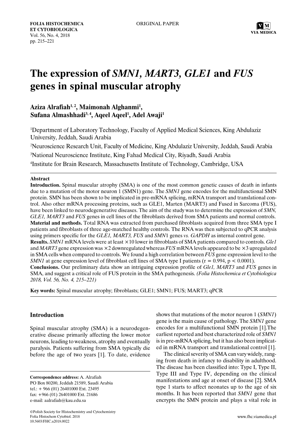 The Expression of SMN1, MART3, GLE1 and FUS Genes in Spinal Muscular Atrophy