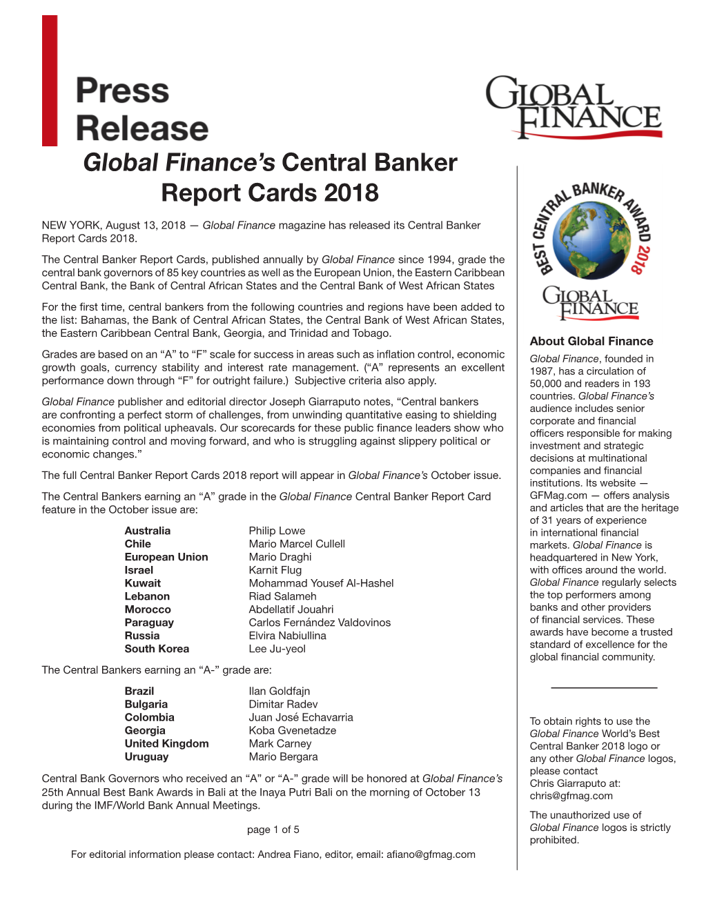 Global Finance's Central Banker Report Cards 2018