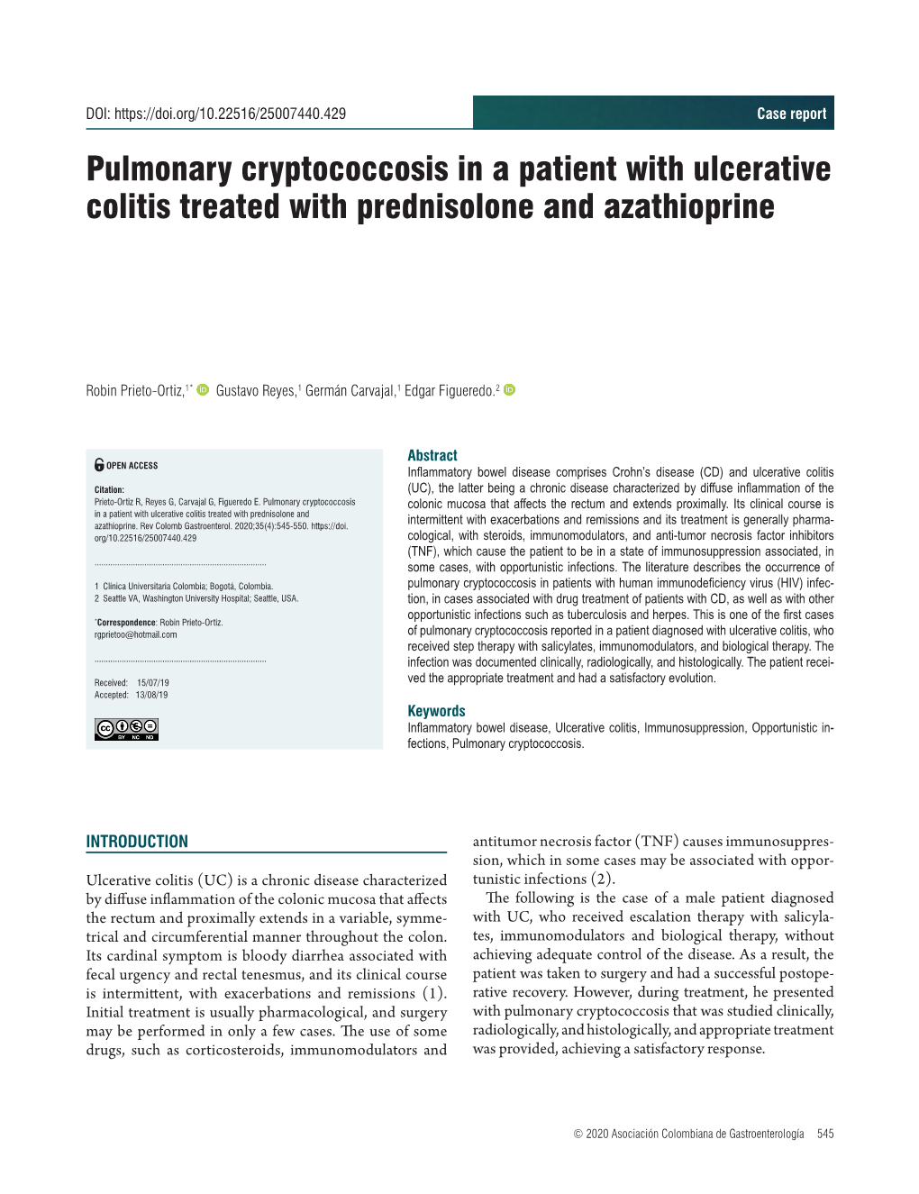 Pulmonary Cryptococcosis in a Patient with Ulcerative Colitis Treated with Prednisolone and Azathioprine