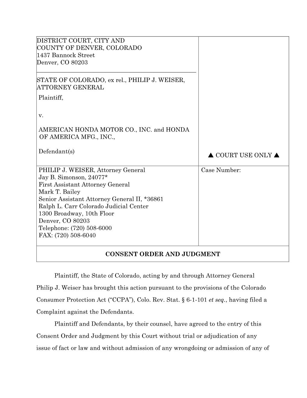 DISTRICT COURT, CITY and COUNTY of DENVER, COLORADO 1437 Bannock Street Denver, CO 80203 ______STATE of COLORADO, Ex Rel., PHILIP J