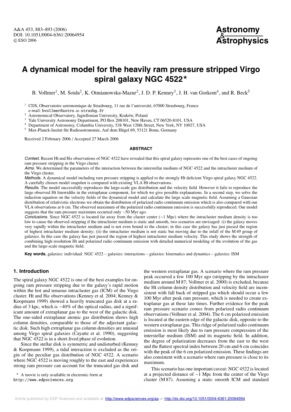 A Dynamical Model for the Heavily Ram Pressure Stripped Virgo Spiral Galaxy NGC 4522