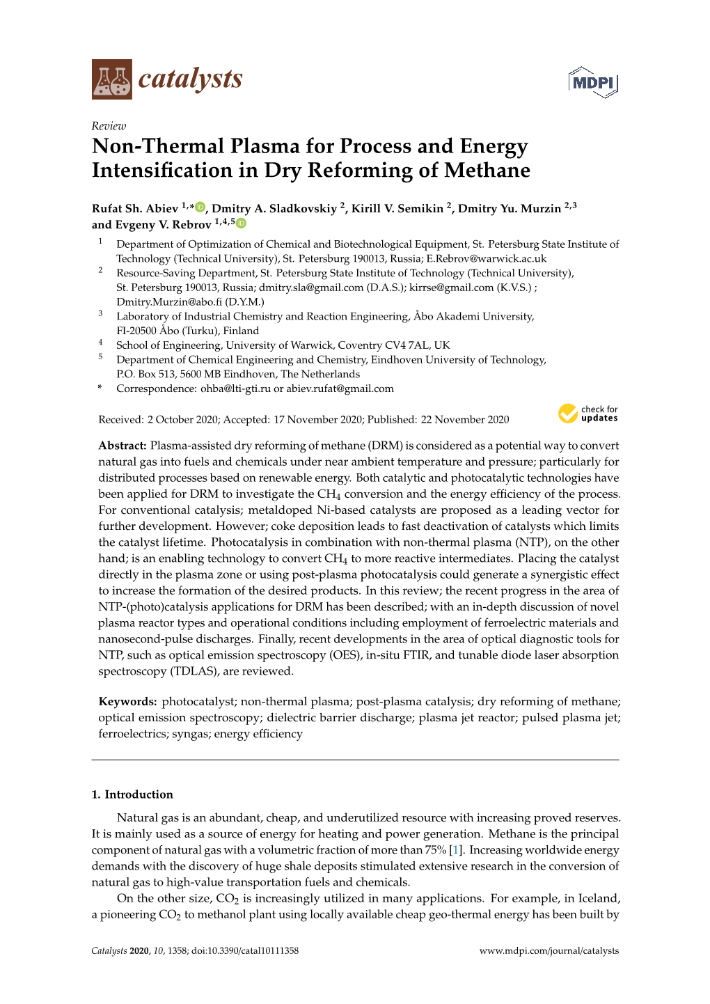 Non-Thermal Plasma for Process and Energy Intensification in Dry