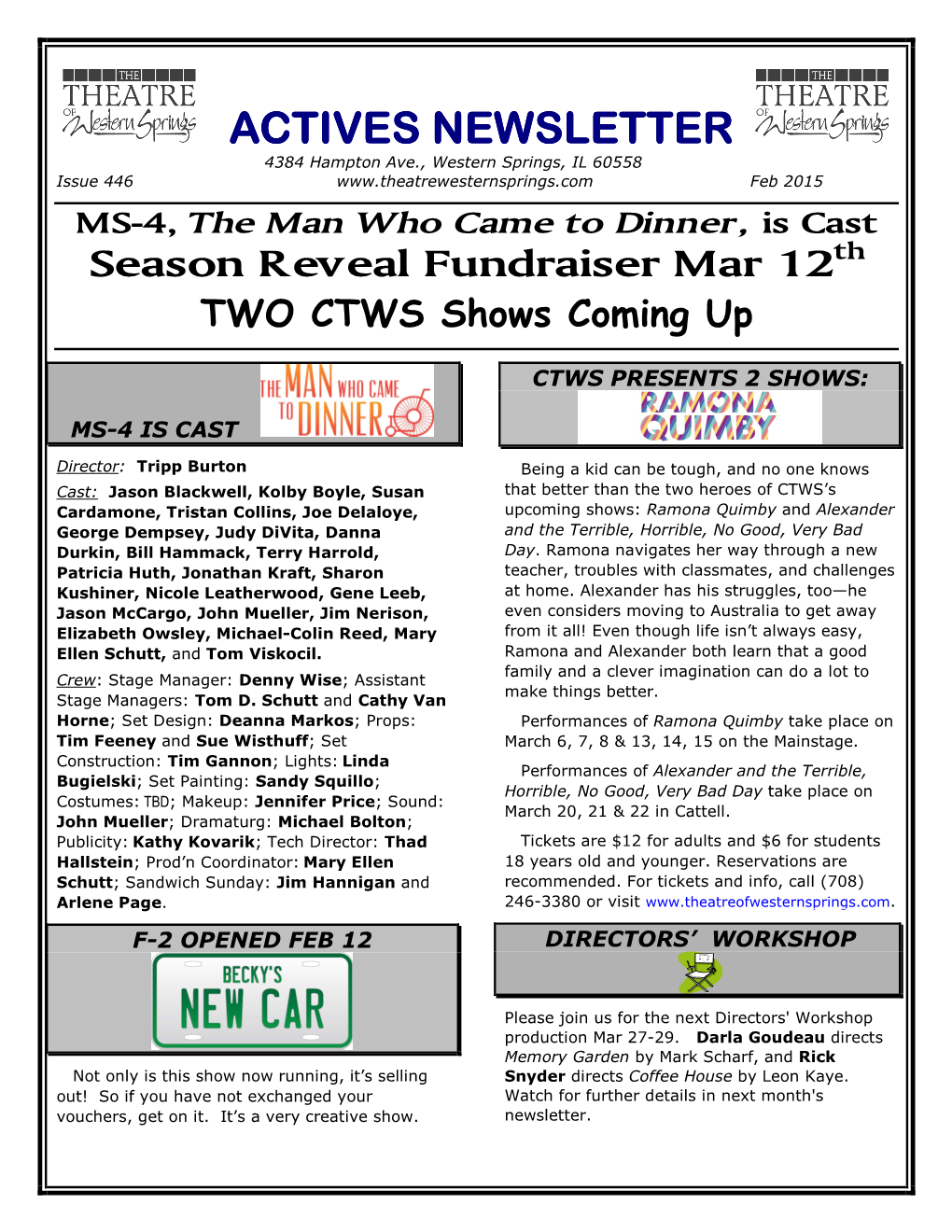 ACTIVES NEWSLETTER 4384 Hampton Ave., Western Springs, IL 60558 Issue 446 Feb 2015