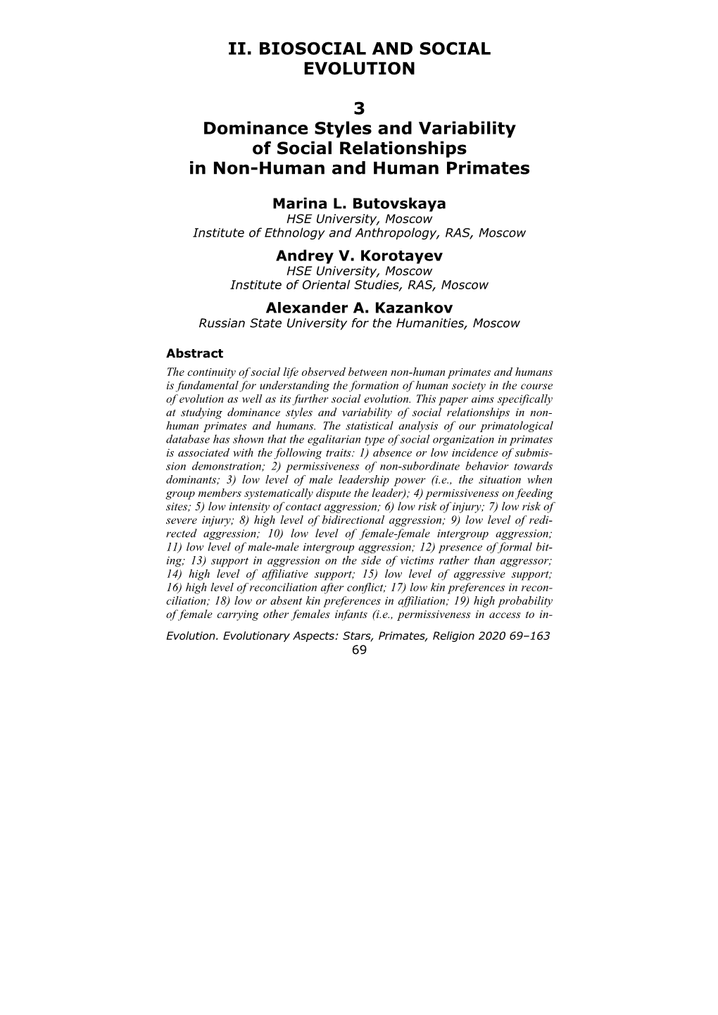 II. BIOSOCIAL and SOCIAL EVOLUTION 3 Dominance Styles