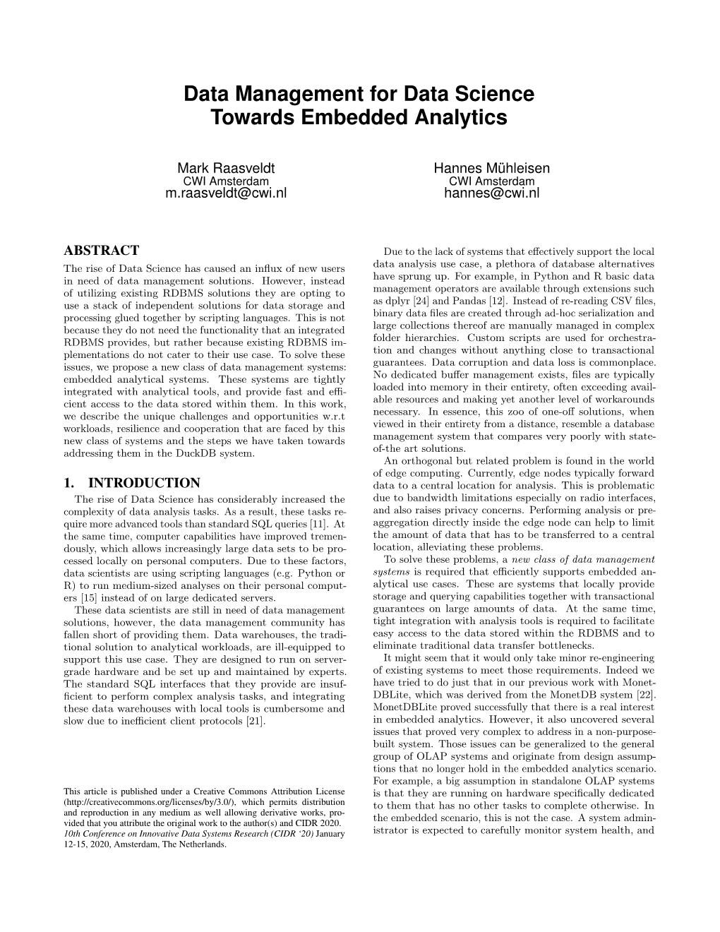 Data Management for Data Science Towards Embedded Analytics