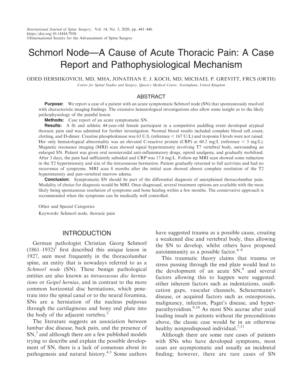 Schmorl Node—A Cause of Acute Thoracic Pain: a Case Report and Pathophysiological Mechanism