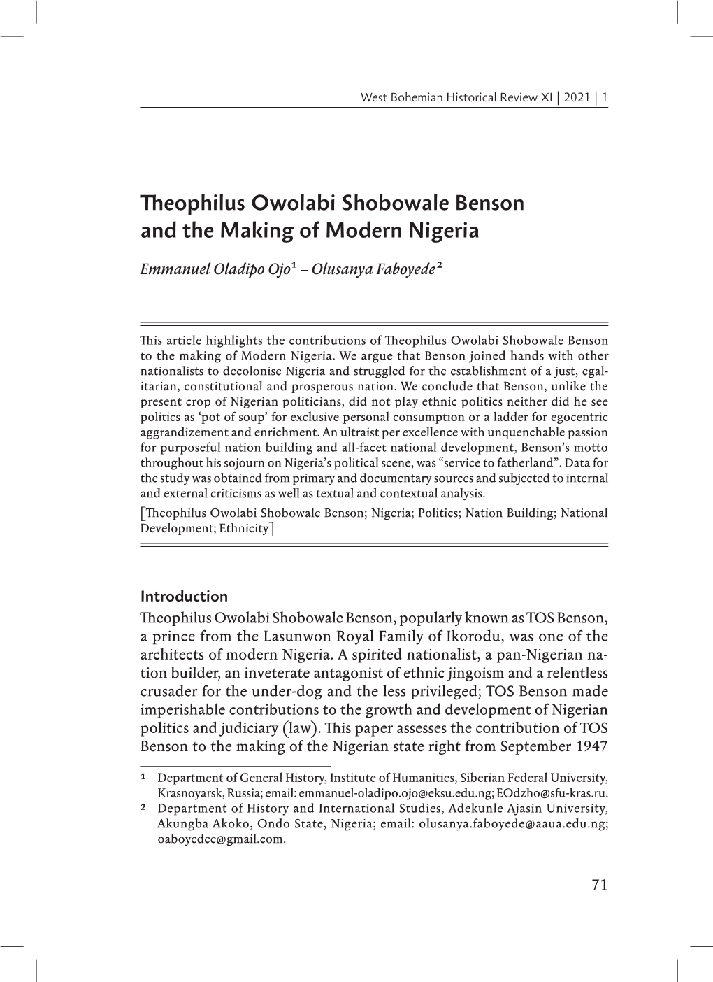 Theophilus Owolabi Shobowale Benson and the Making of Modern Nigeria