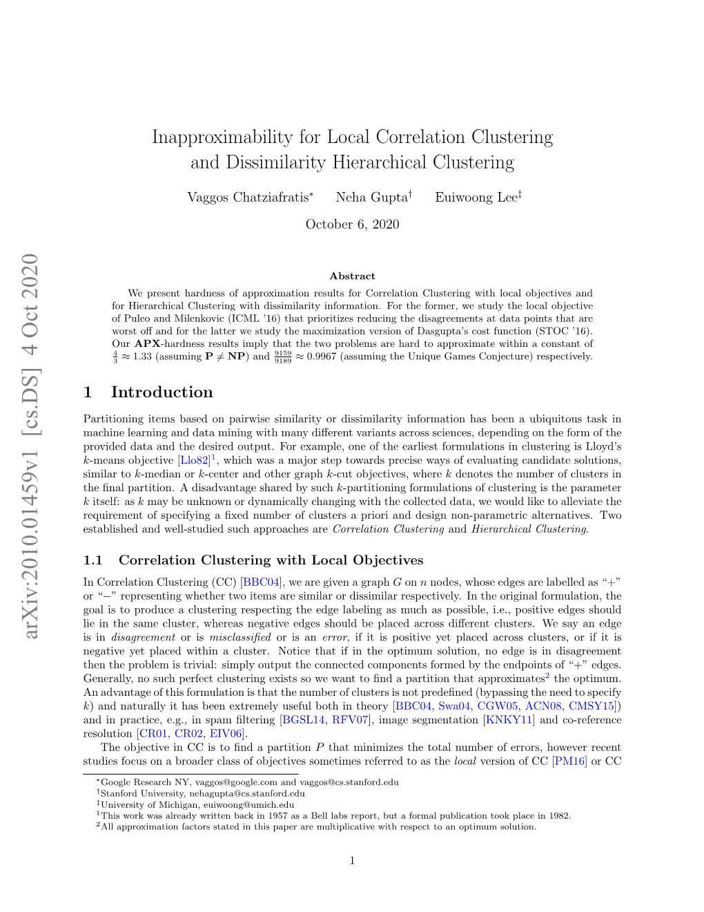 Inapproximability for Local Correlation Clustering and Dissimilarity Hierarchical Clustering