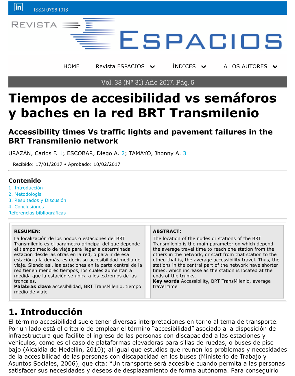 Tiempos De Accesibilidad Vs Semáforos Y Baches En La Red BRT Transmilenio