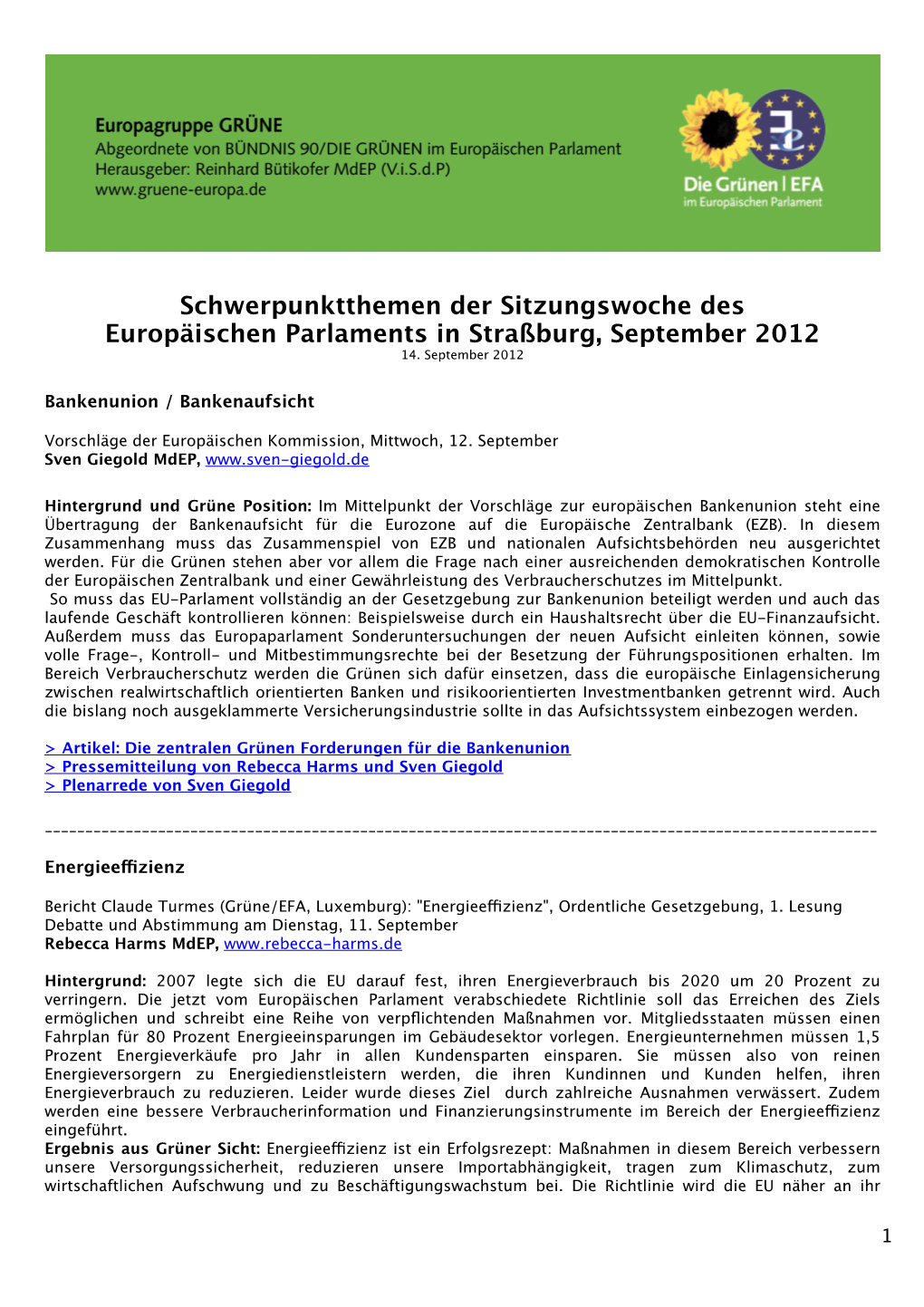 Schwerpunktthemen Der Sitzungswoche Des Europäischen Parlaments in Straßburg, September 2012 14