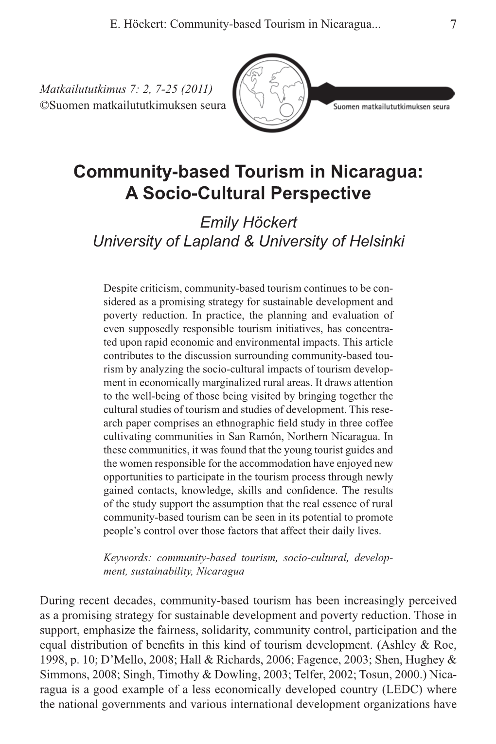 Community-Based Tourism in Nicaragua: a Socio-Cultural Perspective Emily Höckert University of Lapland & University of Helsinki