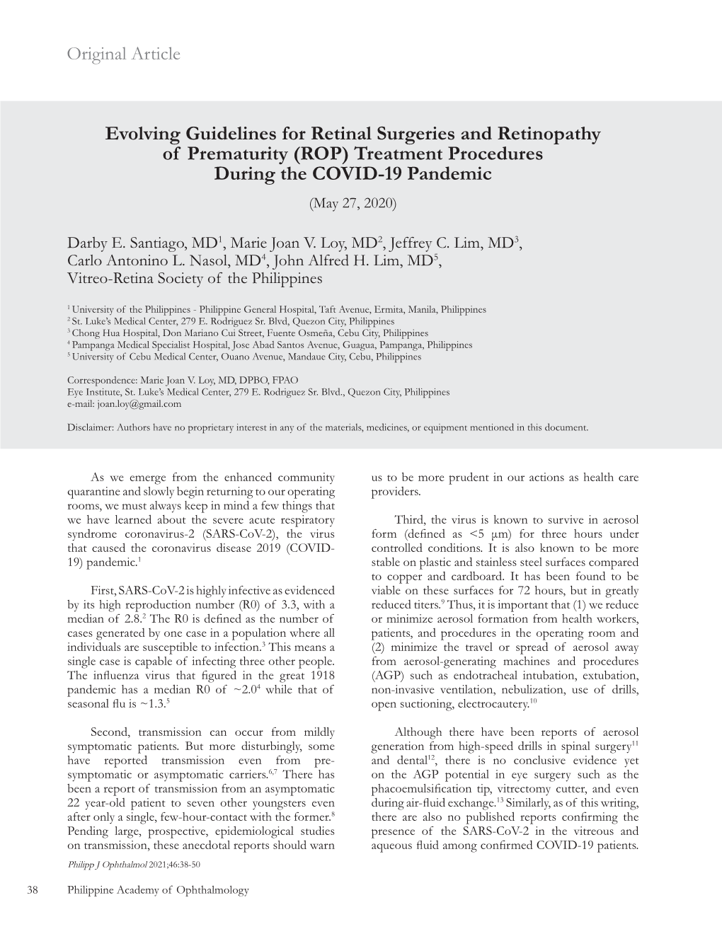 ROP) Treatment Procedures During the COVID-19 Pandemic (May 27, 2020)