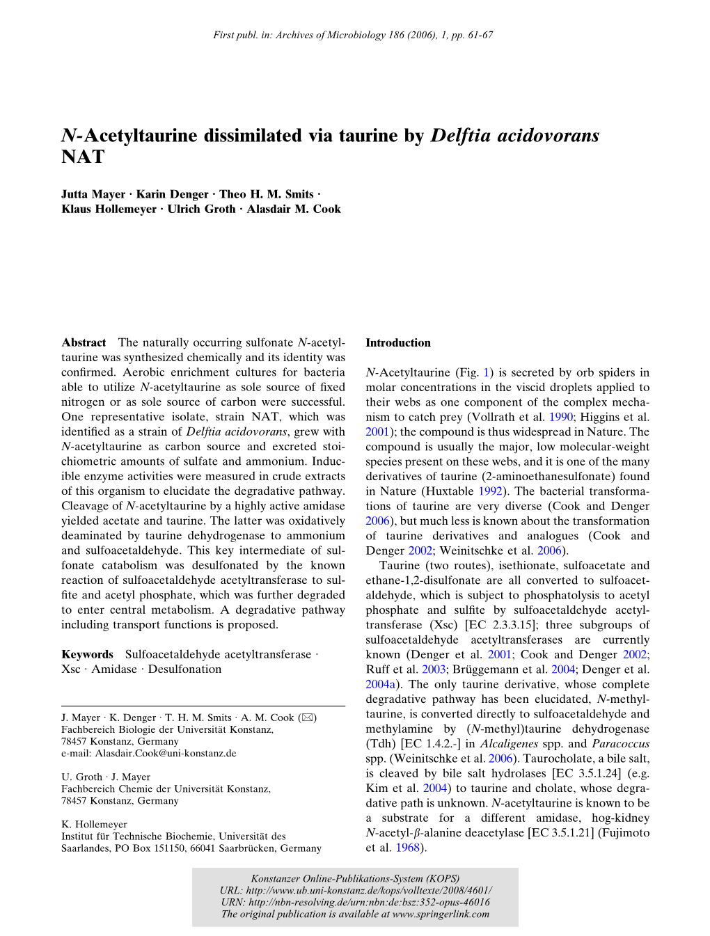 N-Acetyltaurine Dissimilated Via Taurine by Delftia Acidovorans NAT