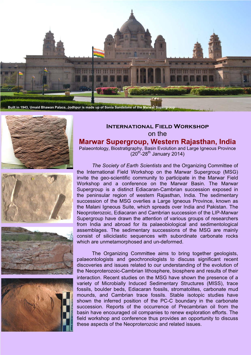 Marwar Supergroup, Western Rajasthan, India Palaeontology, Biostratigraphy, Basin Evolution and Large Igneous Province (20Th-28Th January 2014)