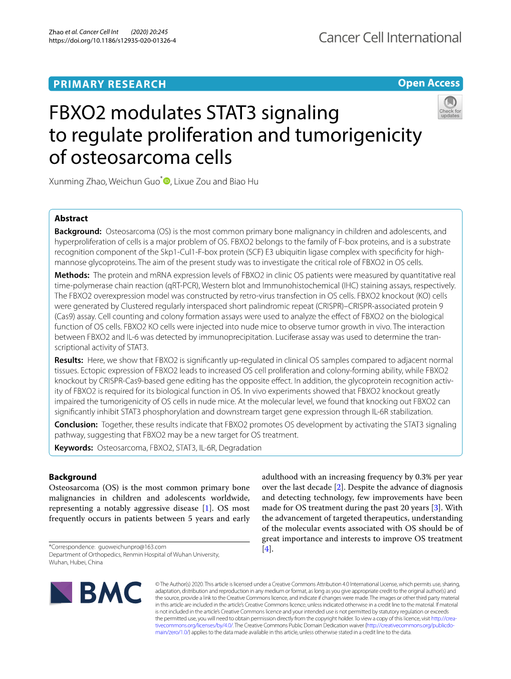 FBXO2 Modulates STAT3 Signaling to Regulate Proliferation and Tumorigenicity of Osteosarcoma Cells Xunming Zhao, Weichun Guo* , Lixue Zou and Biao Hu