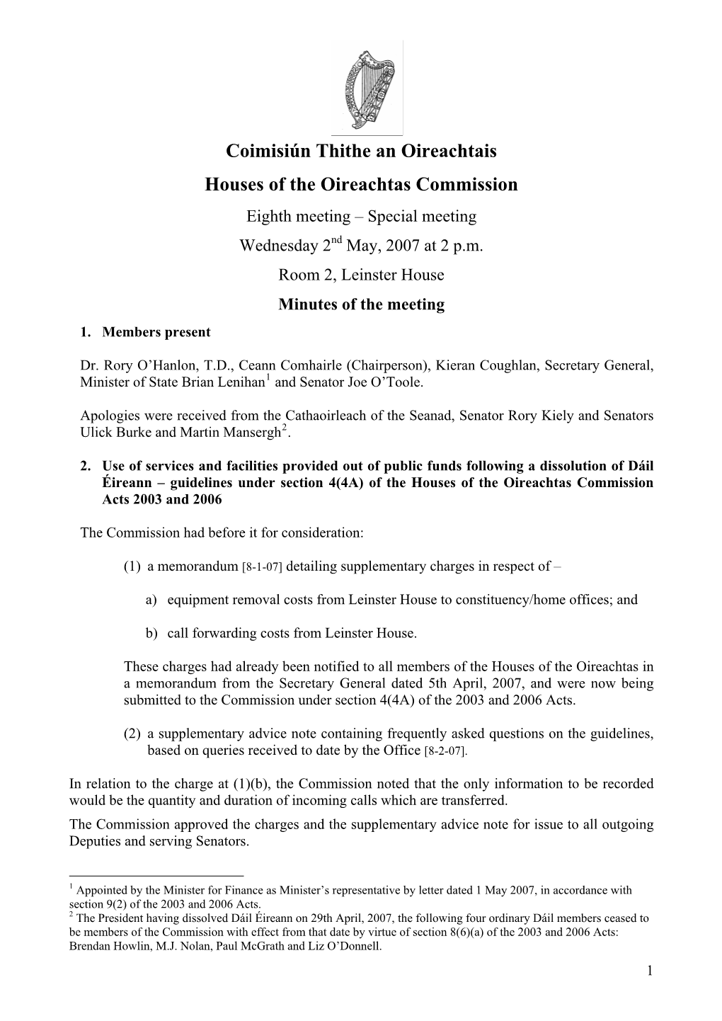 Houses of the Oireachtas Commission Minutes of Meeting of 2 May 2007