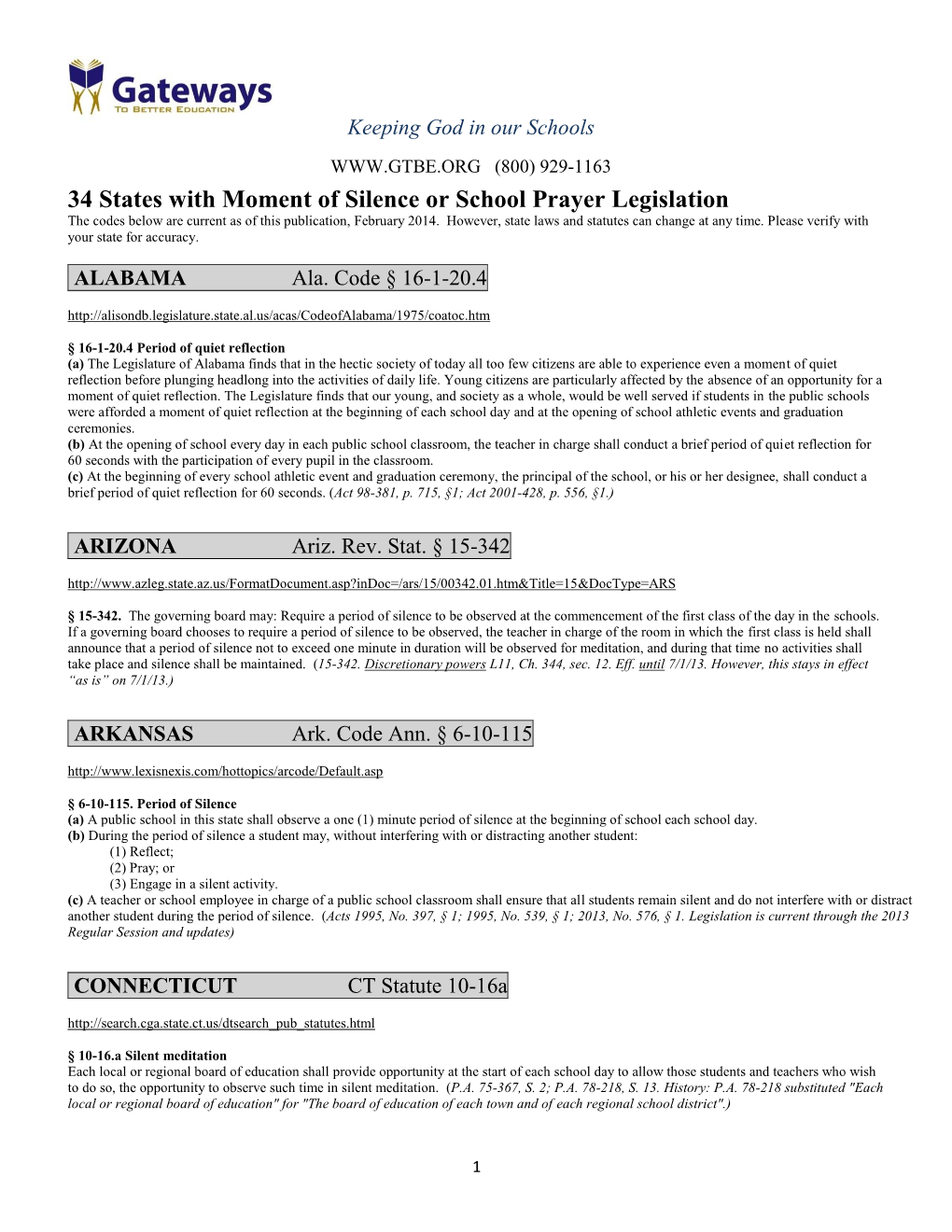 34 States with Moment of Silence Or School Prayer Legislation the Codes Below Are Current As of This Publication, February 2014