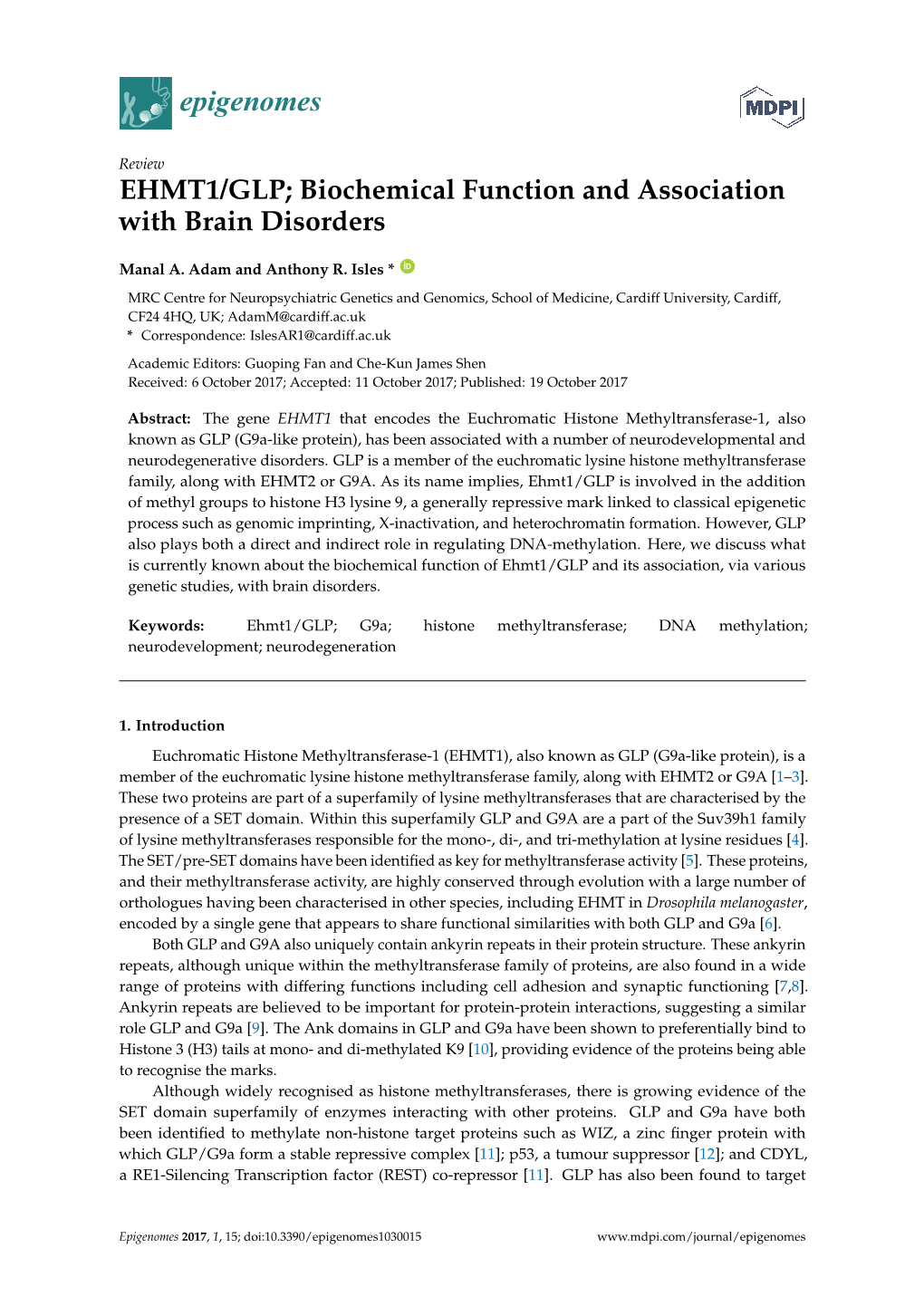 EHMT1/GLP; Biochemical Function and Association with Brain Disorders