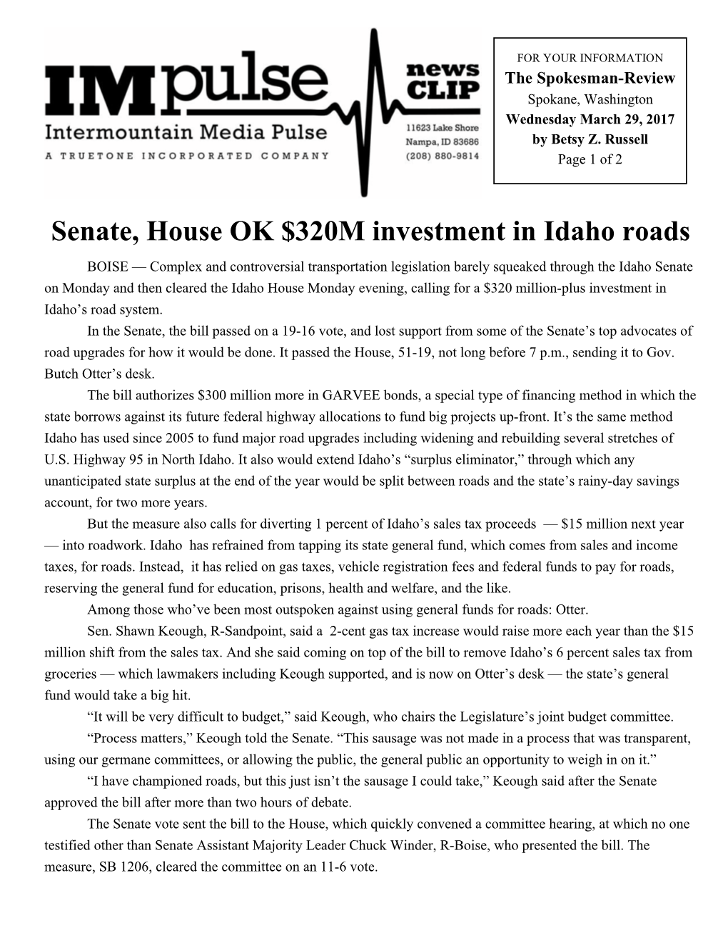 Senate, House OK $320M Investment in Idaho Roads