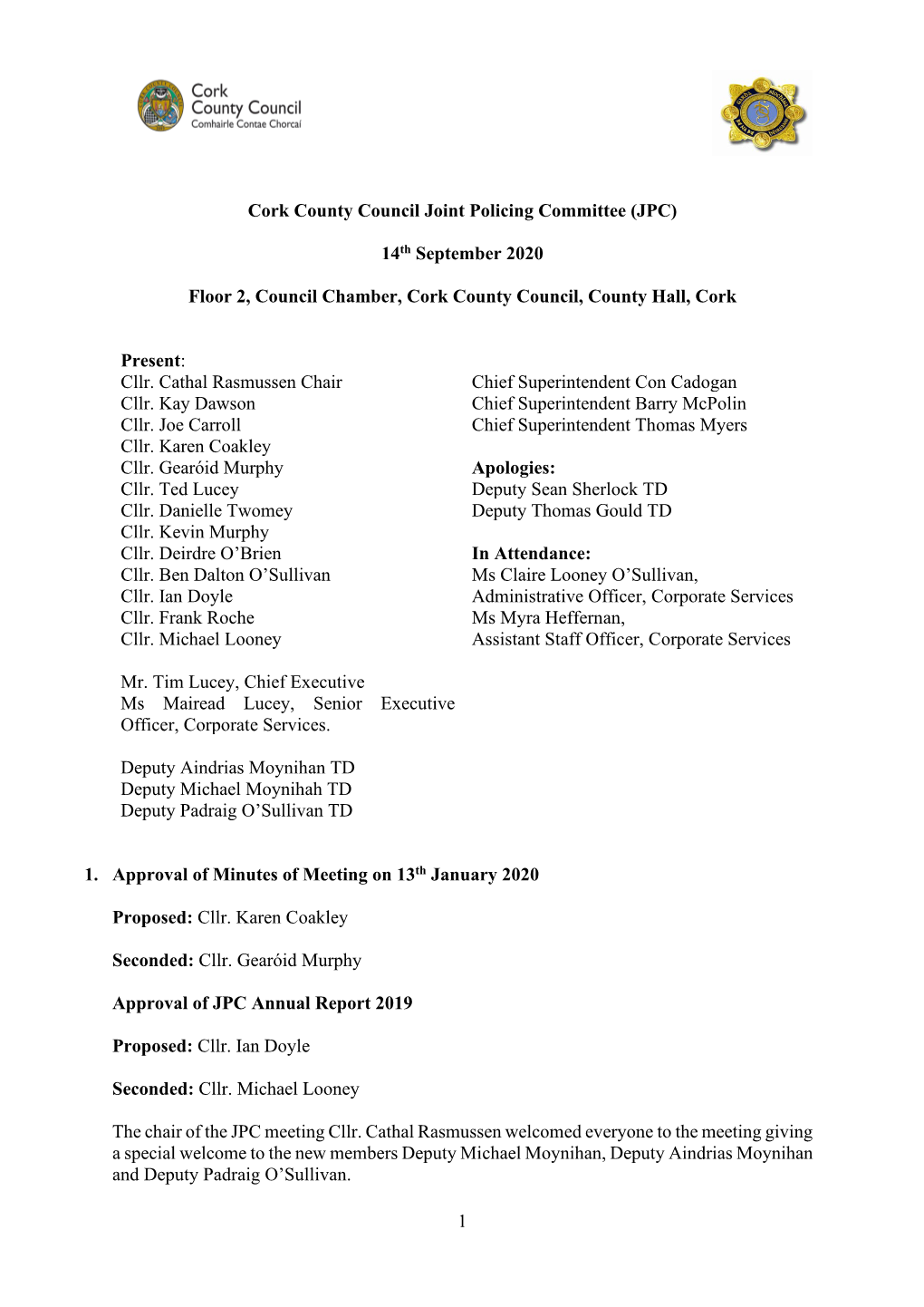 1 Cork County Council Joint Policing Committee (JPC) 14Th September