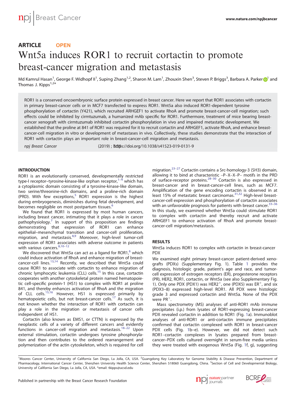 Wnt5a Induces ROR1 to Recruit Cortactin to Promote Breast-Cancer Migration and Metastasis