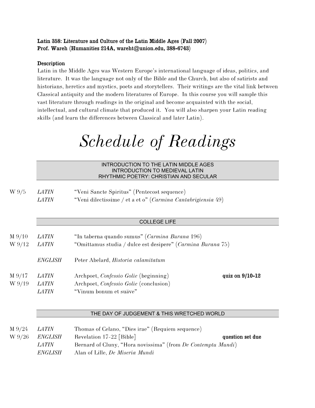 Schedule of Readings