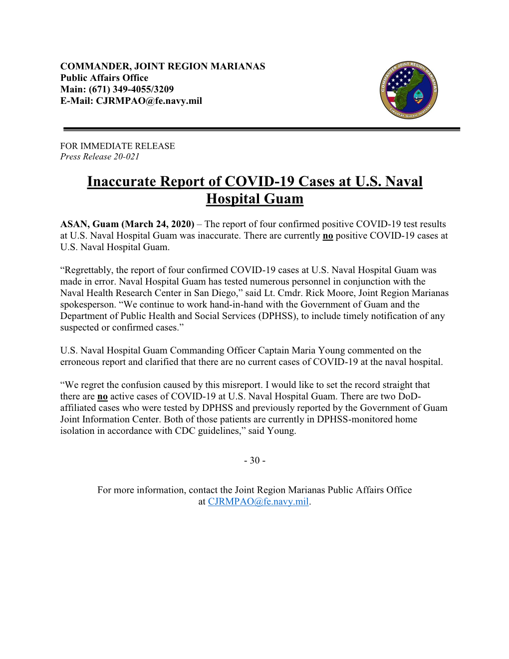 Inaccurate Report of COVID-19 Cases at U.S. Naval Hospital Guam