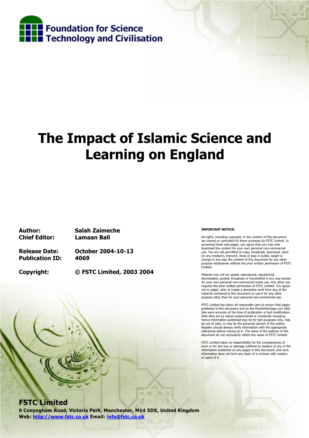 The Impact of Islamic Science and Learning on England October 2004