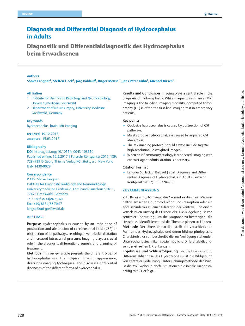 Diagnosis and Differential Diagnosis of Hydrocephalus in Adults Diagnostik Und Differentialdiagnostik Des Hydrocephalus Beim Erwachsenen